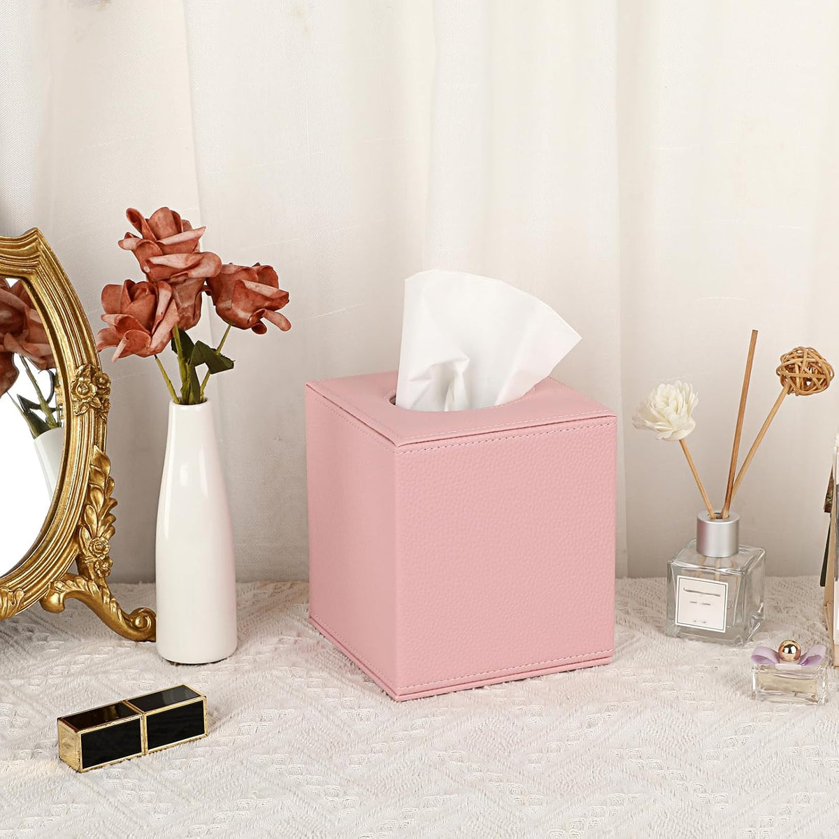 Sumnacon Tissue Box Cover Square,Magnetic Bottom PU Tissue Box Holder,Pink