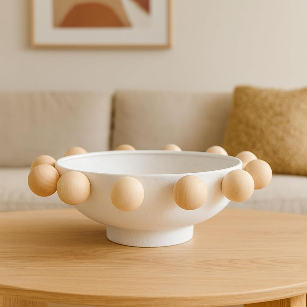 Decorative Bowl for Home Decor – Modern Wood and Metal Accent with Sculptural Wooden Knobs, Casual Catch-All Bowl for Keys, Jewelry, or Potpourri Display on Entryway Table or Console – 13", White