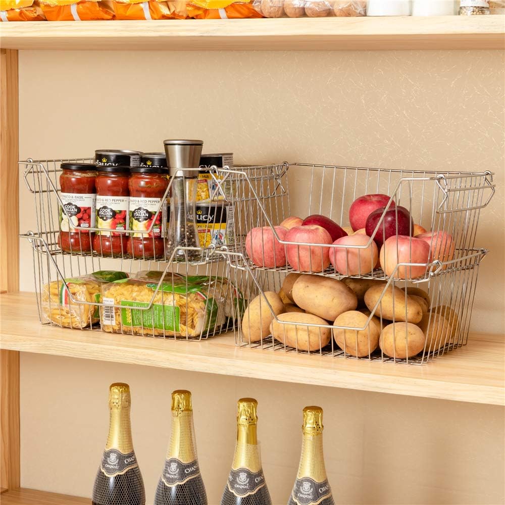 Stackable Wire Metal Baskets Fruit Vegetable Organization Pantry Cabinet Metal Bin Large Basket Shelves Storage for Kitchen Freezer, Set of 2