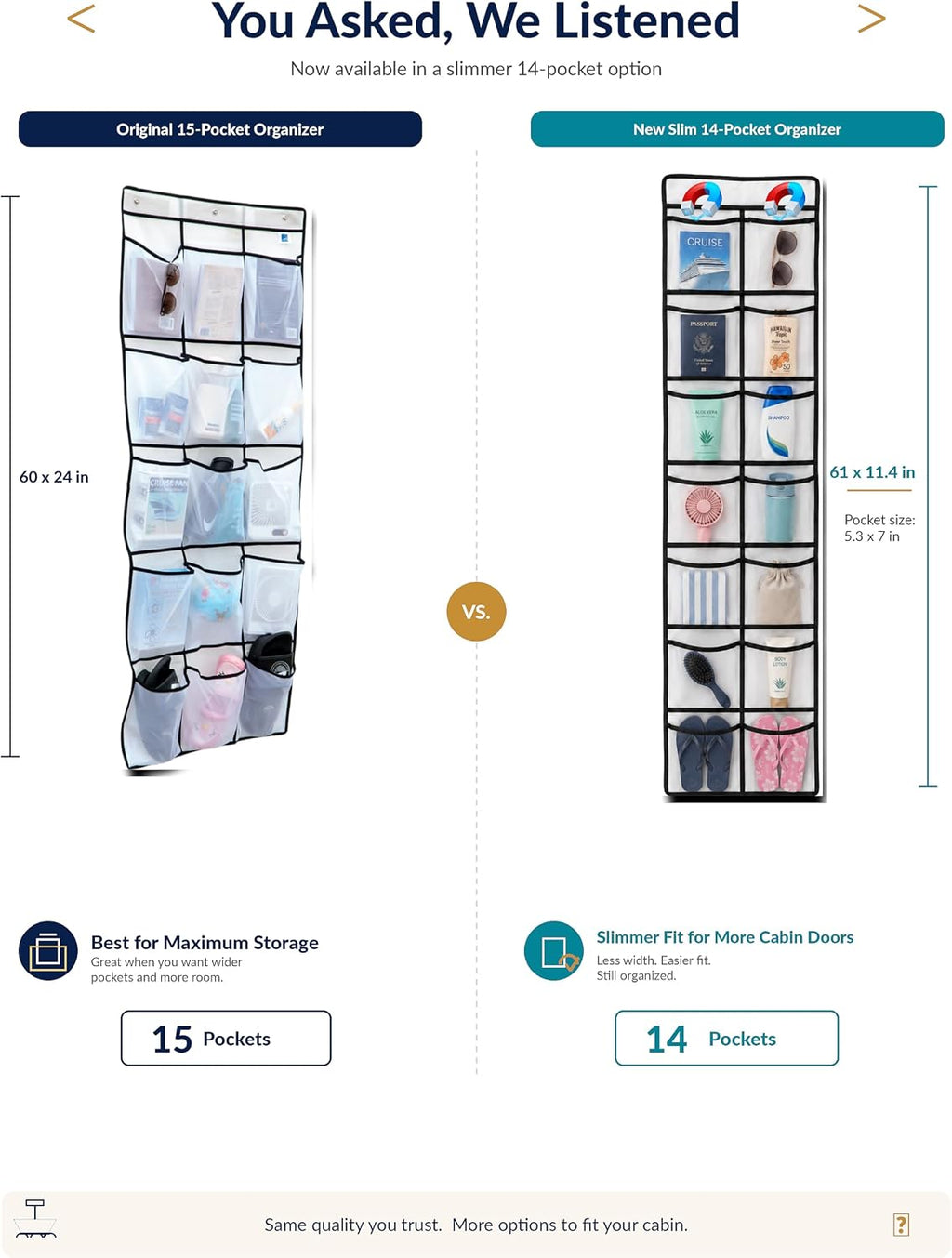 Magnetic Cruise Organizer 14 Pockets, 61" x 11,4" With Pocket Size 7" x 5,3" - Over The Door Organizer For Cruise Ships, Magnetic + Hook Mount, Large Durable Pockets for Cruise Essentials 2026