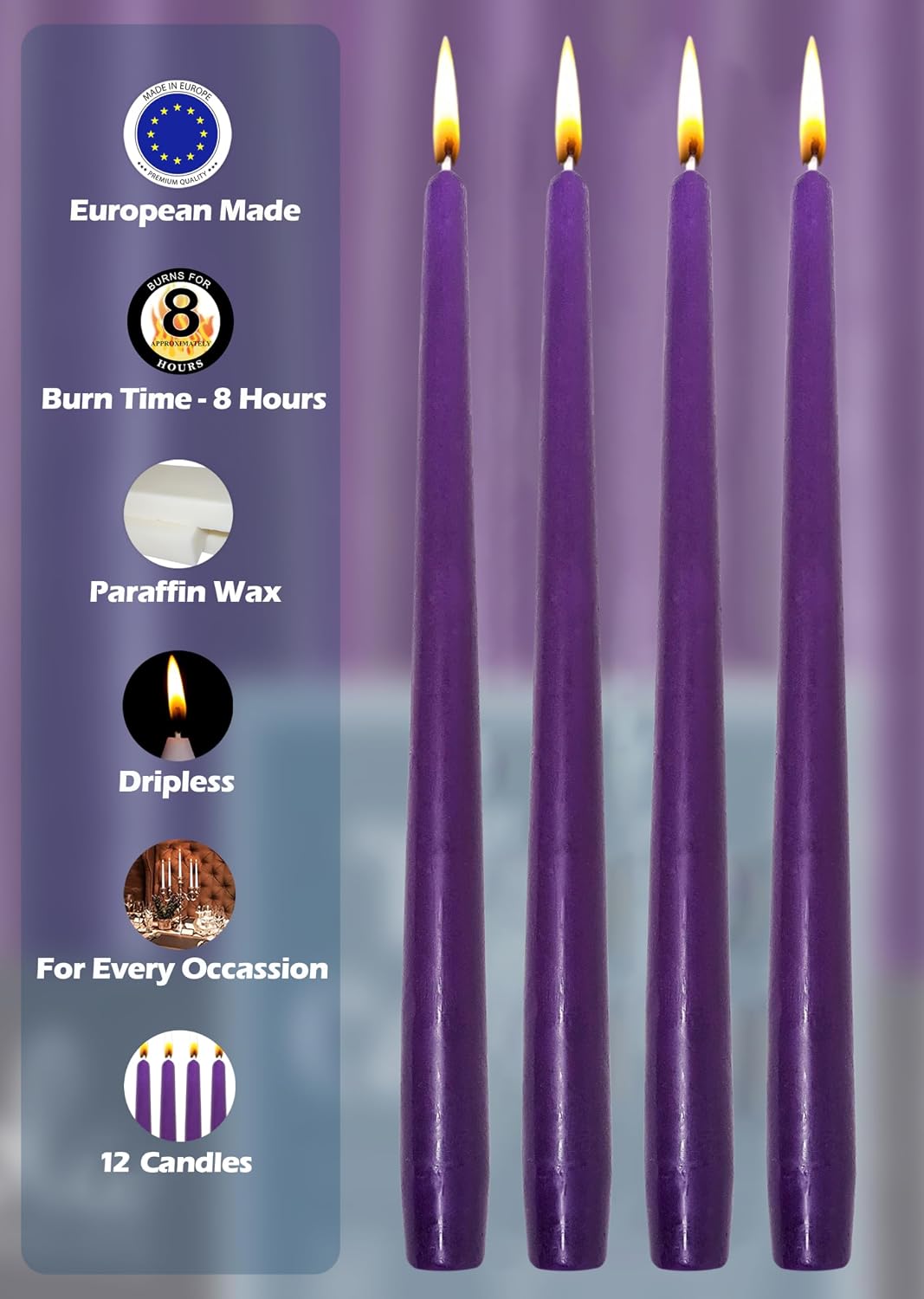 Hyoola Tall Taper Candles - 10 Inch Purple Unscented Dripless Taper Candles - 8 Hour Burn Time - 12 Pack