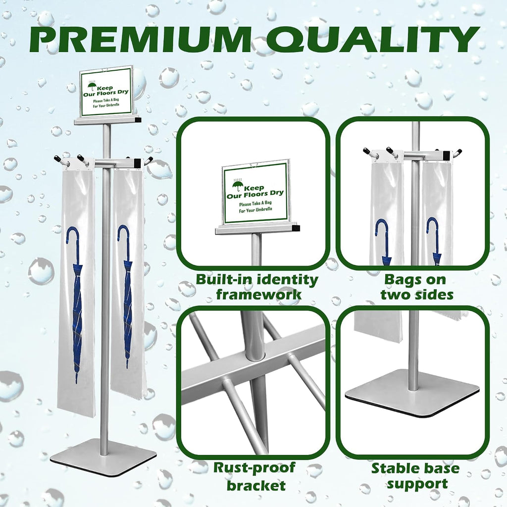 Umbrella Bag Stand, Wet Umbrella Stand with 220 Umbrellas Bags, Silver