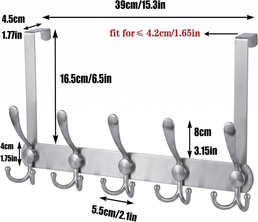 Over The Door Hooks, Heavy Duty Door Hanger with 5 Tri-Hooks for Hanging Clothes, Coats, Towels, Mirror Finish Silver Stainless Steel OTD Storage Rack, Fits Standard 1-3/4" Doors, 60 lbs Max