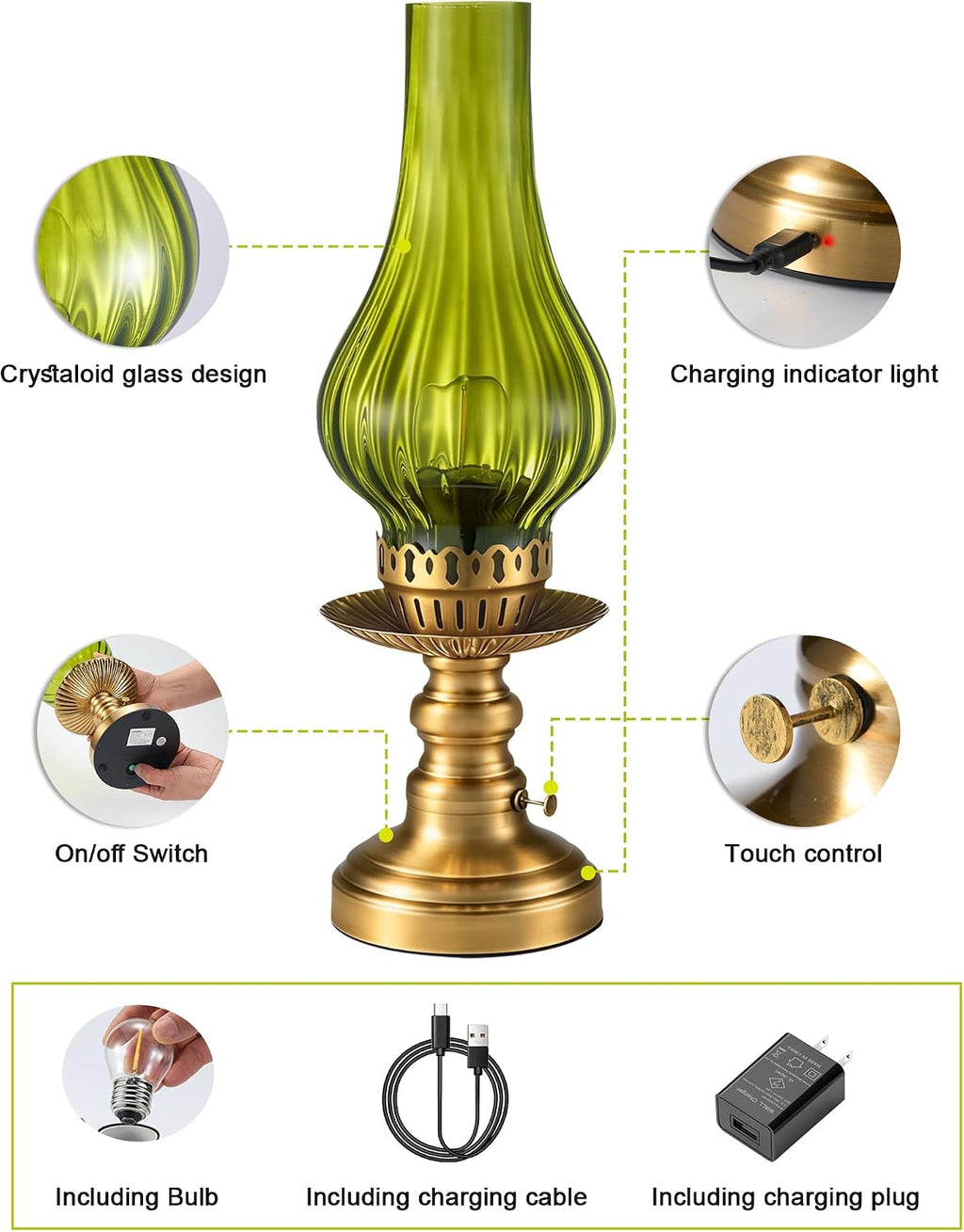 UMEXUS Vintage Rechargeable Cordless Table Lamp Battery Operated, Green