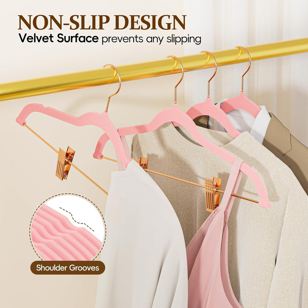 Pink Velvet Felt Hangers, Adjustable Clips for Pants, Skirts