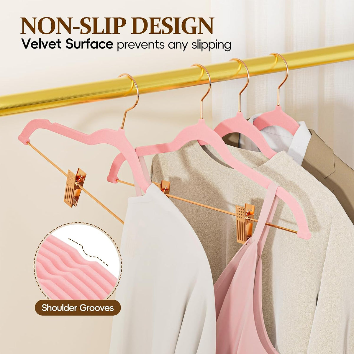 Pink Velvet Felt Hangers, Adjustable Clips for Pants, Skirts