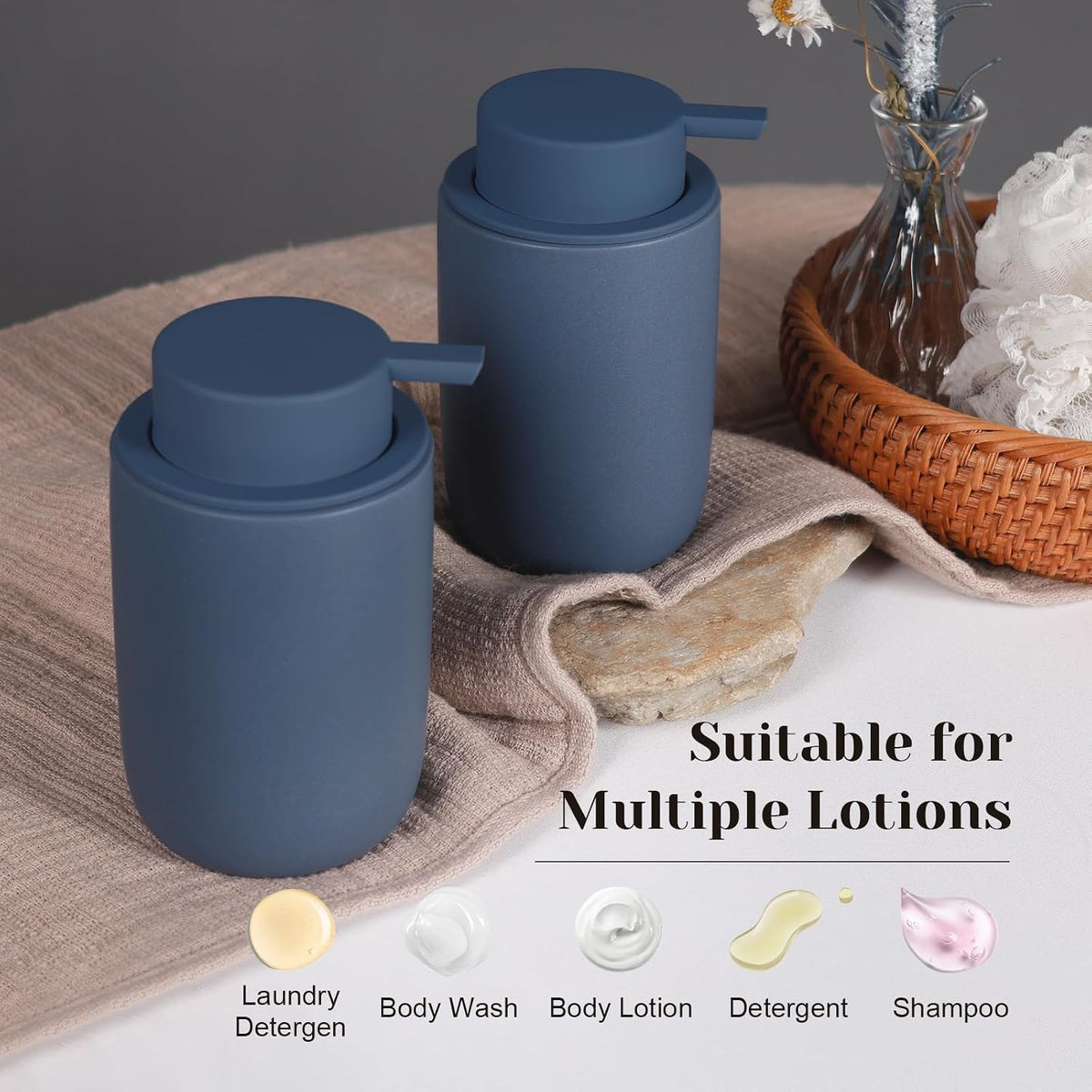 INGOFIN Ceramic Foaming Soap Dispenser Set, 2 Pack (12 oz) Bathroom Foam Hand Soap Dispenser with Pump, Hand and Dish Dispenser Set with 8 Pcs Clear Stickers,for Kitchen- Matte Blue