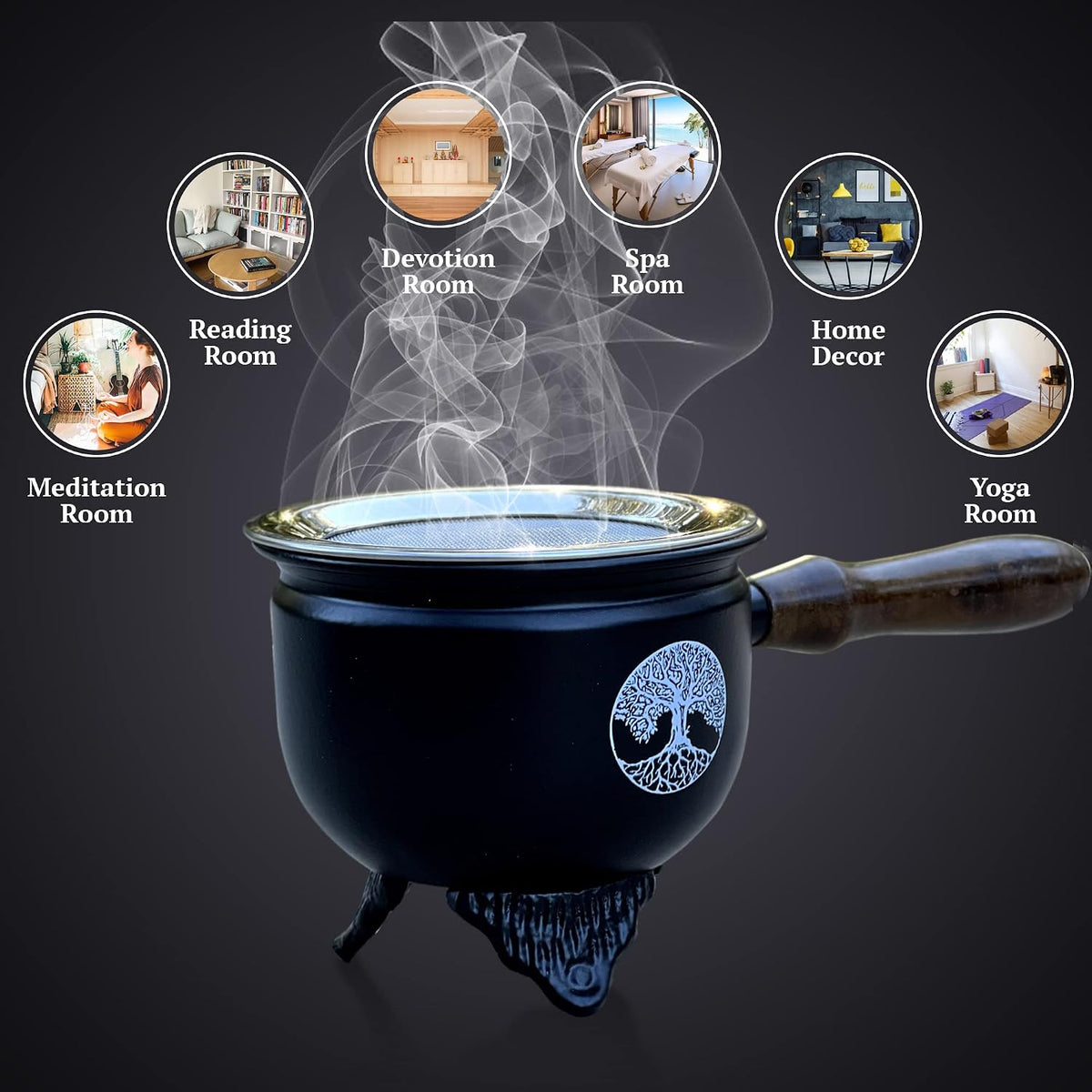 Large Metal Charcoal Incense Burner with Wooden Handle (Tree of Life)