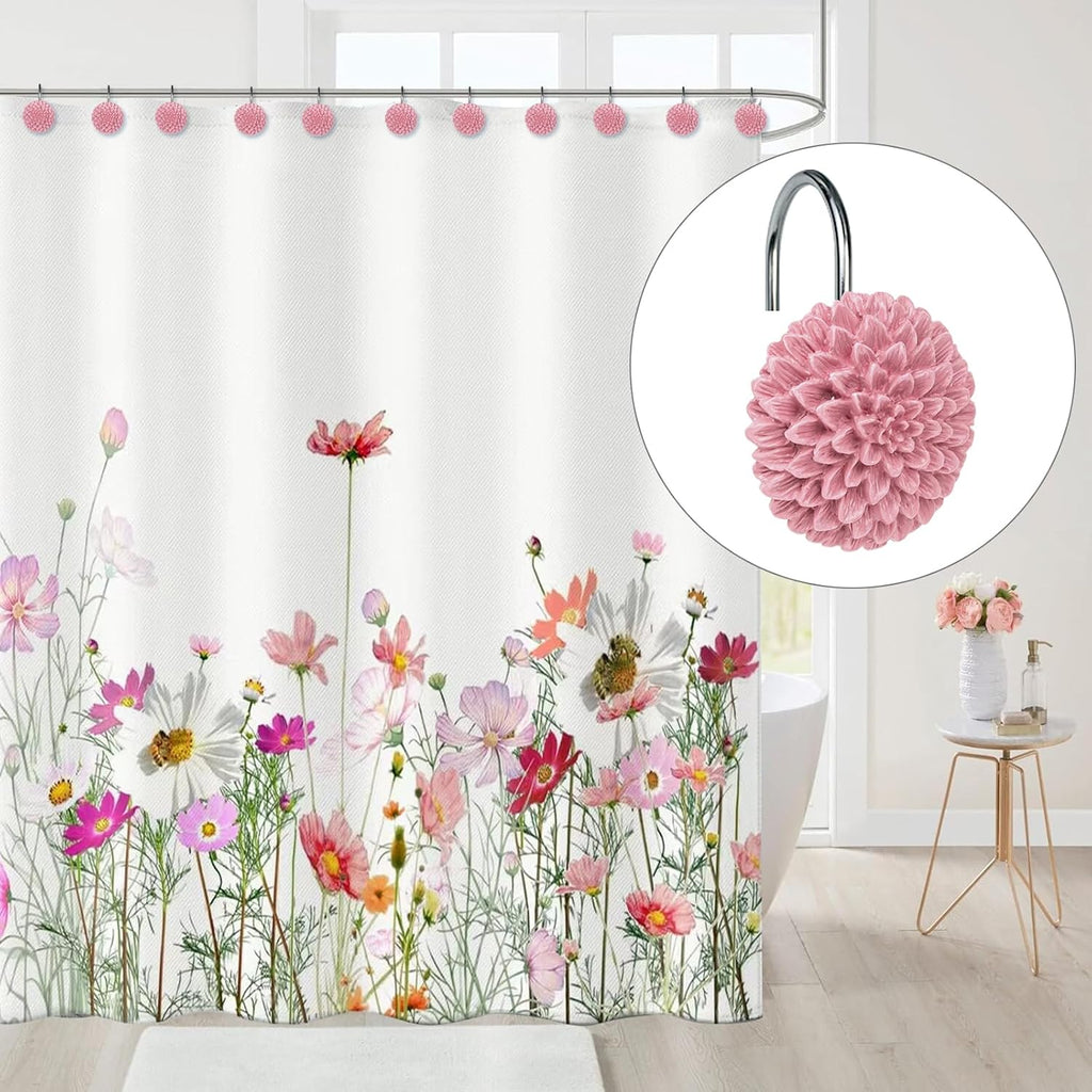 Sunlit Decorative Floral Shower Curtain Hooks, Dahlia Pinnata Flower Shower Curtain Rings, Resin, Bathroom Decoration Pink Shower Curtain Hooks-12 Pack