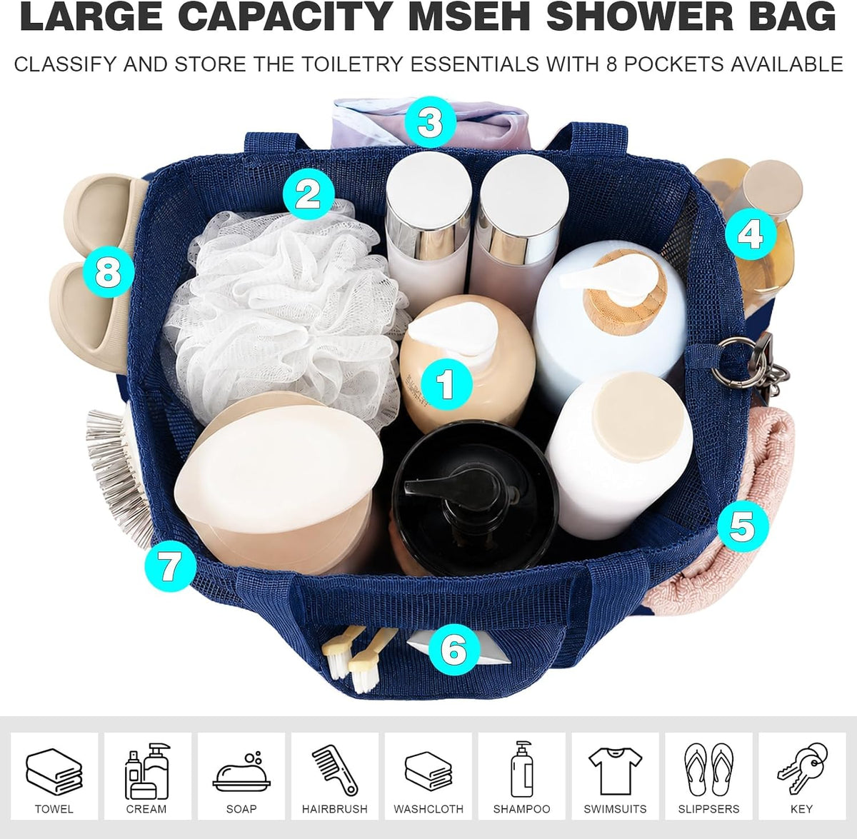 Mesh Shower Caddy Portable with Zipper for College Dorm Essentials Blue