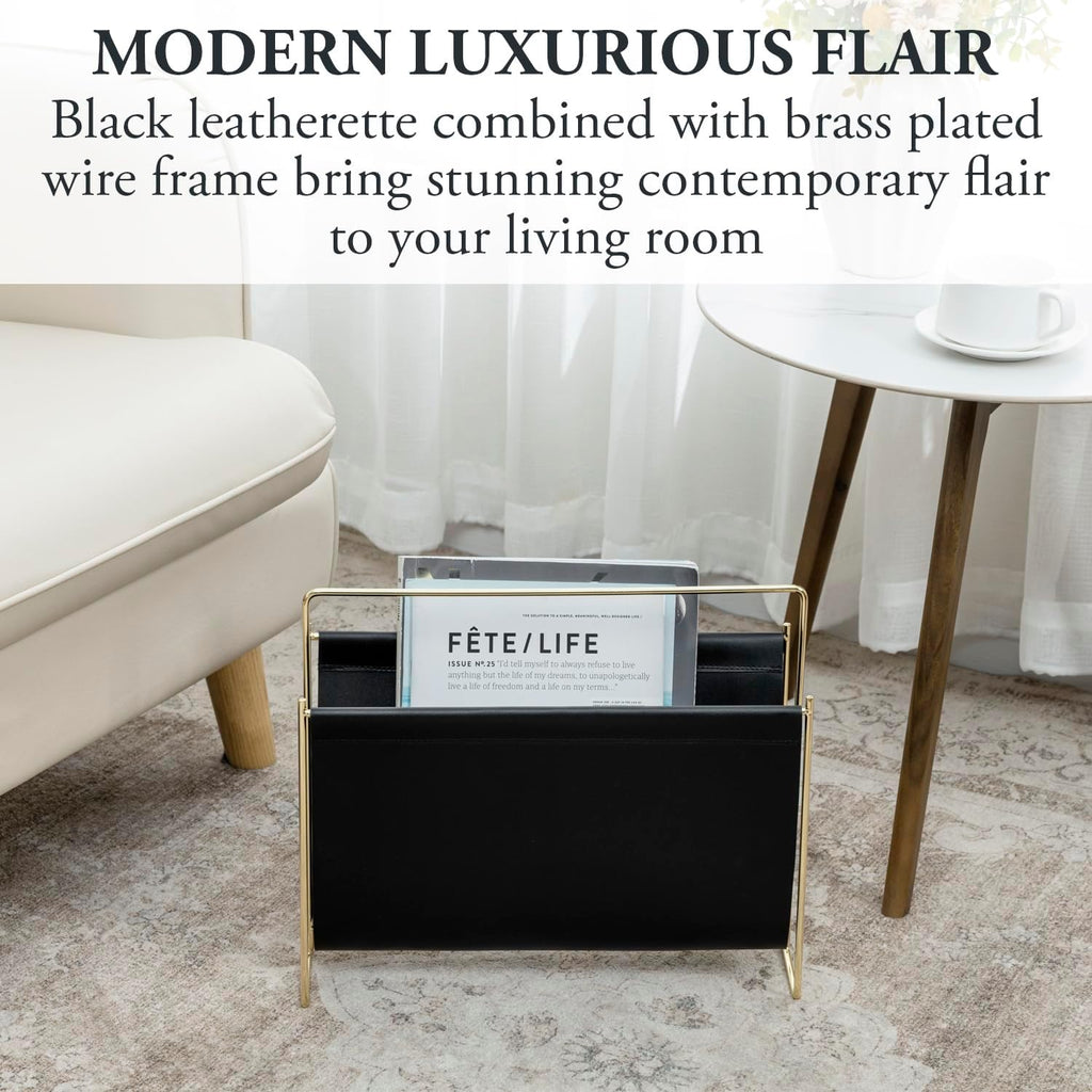 MyGift 15 Inch Black Leatherette Magazine Holder, Brass Metal Floor Rack
