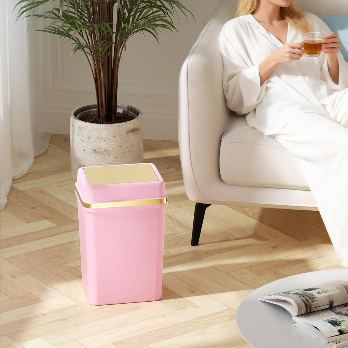 3 Pack Bathroom Trash Can with Lid 4 Gallon Small Trash Can with Press Top Lid Bathroom Garbage Can with 150 Counts Trash Bags for Kitchen Bedroom Office(White Pink Green)