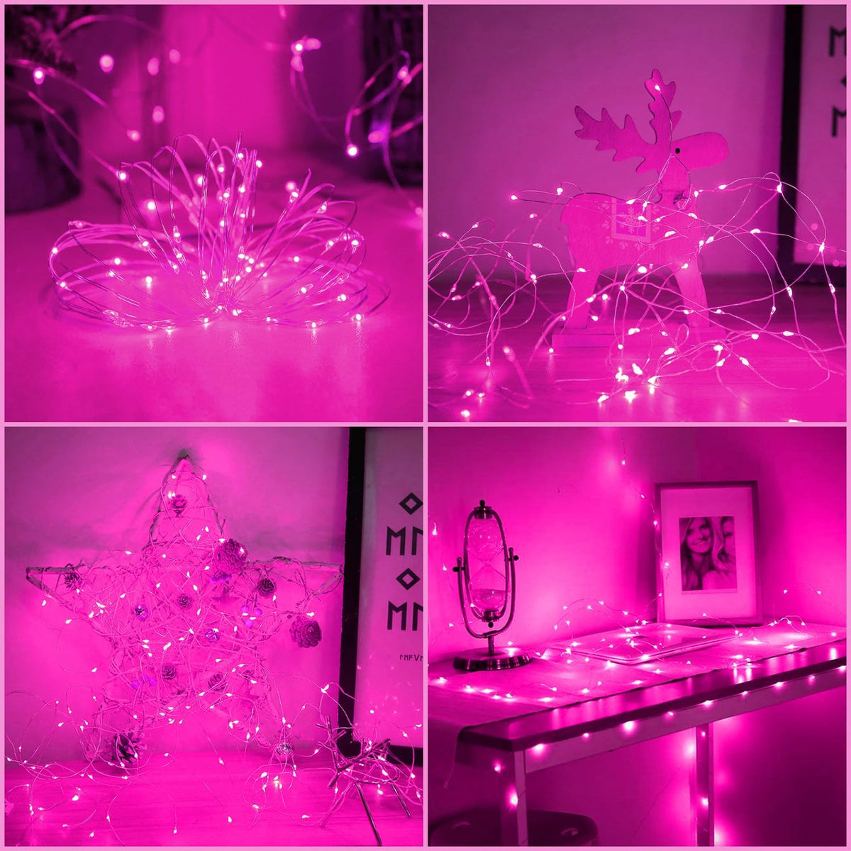 Christmas Pink Fairy String Lights Battery Operated Powered 50Led