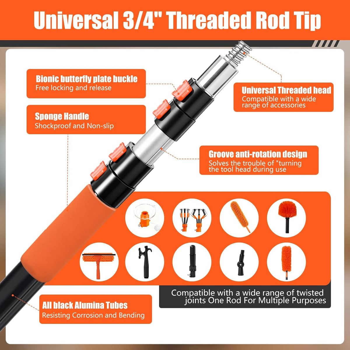 26FT Light Bulb Changer Kit with Ceiling Fan Cleaner Extension Pole Orange