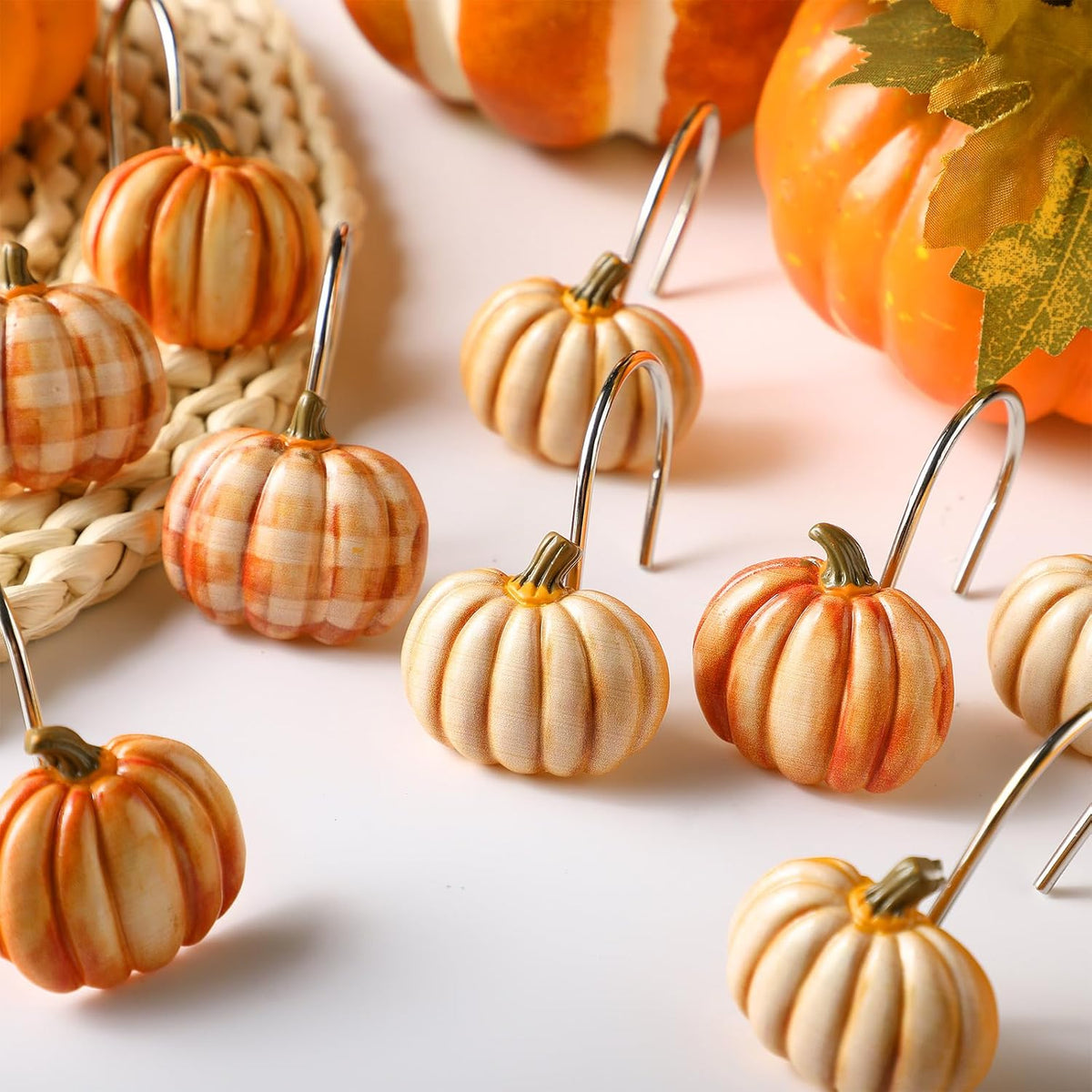 Colingmill 12 Pcs Fall Pumpkin Shower Curtain Hooks for Fall Bathroom Decor