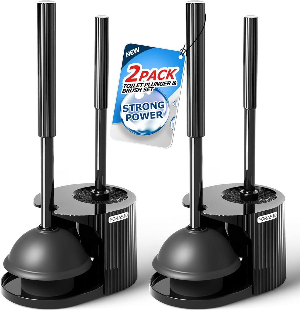 FORASTO 2Pack 2 in 1 Toilet Brush and Plunger Set, Extended Handle Plunger,Toilet Bowl Brush Plunger Set,Bathroom Cleaning Tools,Toilet Brush Plunger Combo,Cleaning Supplies，Black
