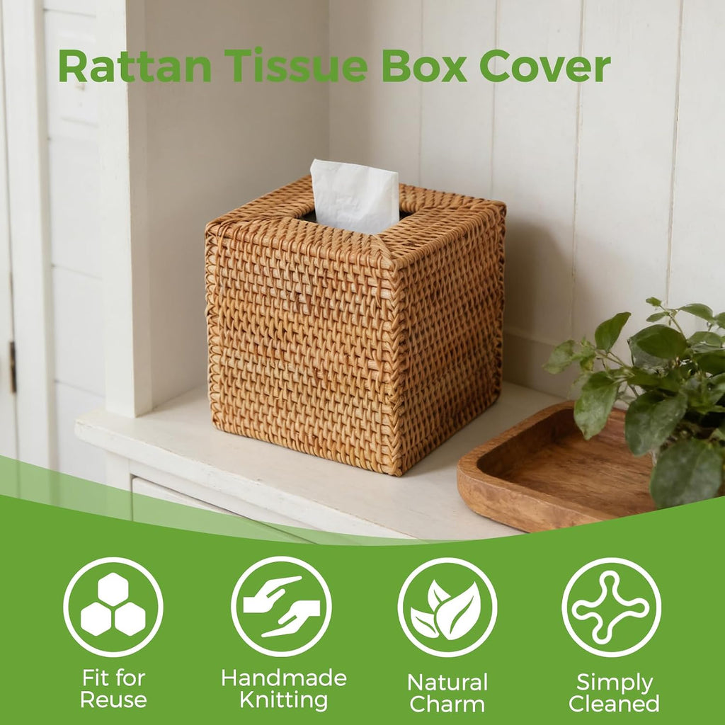 Rattan Tissue Box Cover Square, Handwoven Wicker Facial Tissue Box Holder
