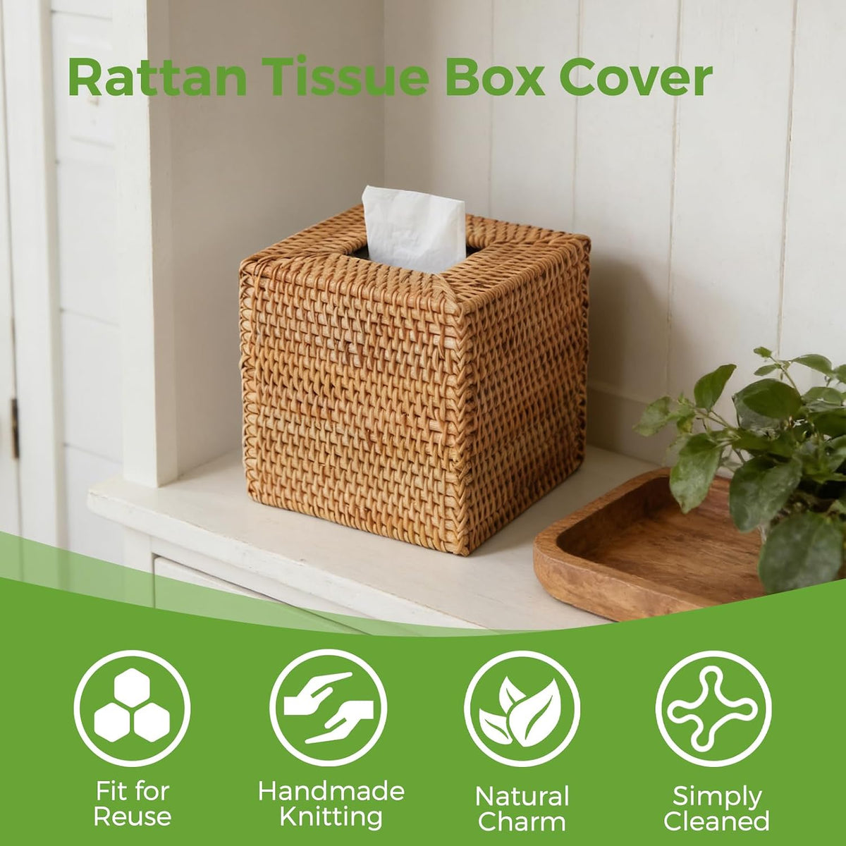 Rattan Tissue Box Cover Square, Handwoven Wicker Facial Tissue Box Holder