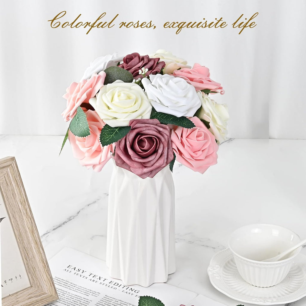 BLEUM CADE 36Pcs Artificial Flowers Fake Foam Roses with Stems for Wedding