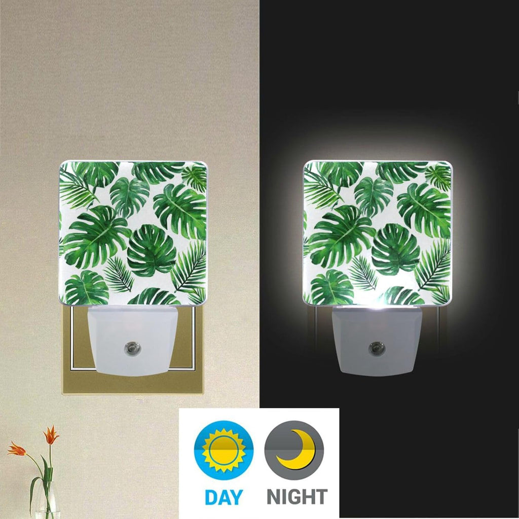 Vdsrup Summer Palm Leaves Night Light Set of 2 Tropical Jungle Plug-in LED Nightlights Auto Dusk-to-Dawn Sensor Lamp for Bedroom Bathroom Kitchen Hallway Stairs