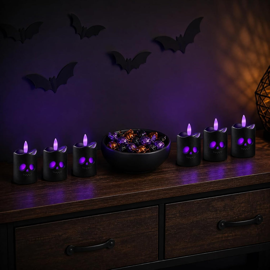 Black Halloween Flameless Votive Candles with Remote, Purple Glow, 6 Pack