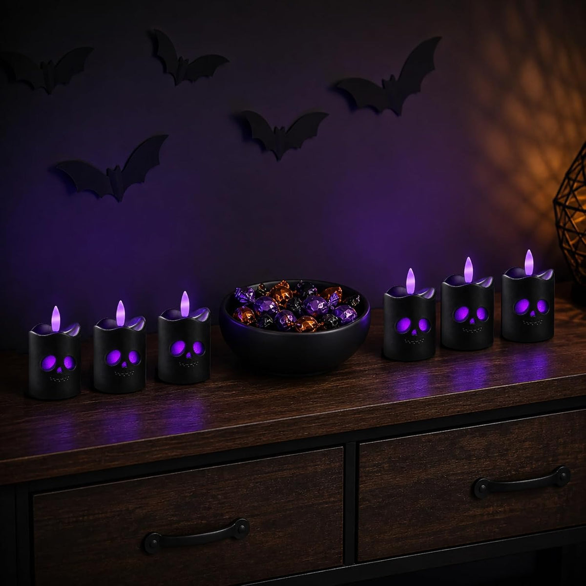 Black Halloween Flameless Votive Candles with Remote, Purple Glow, 6 Pack