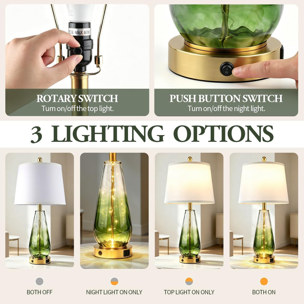27" Green Glass Table Lamps Set of 2, Coastal Lamp for Living Room