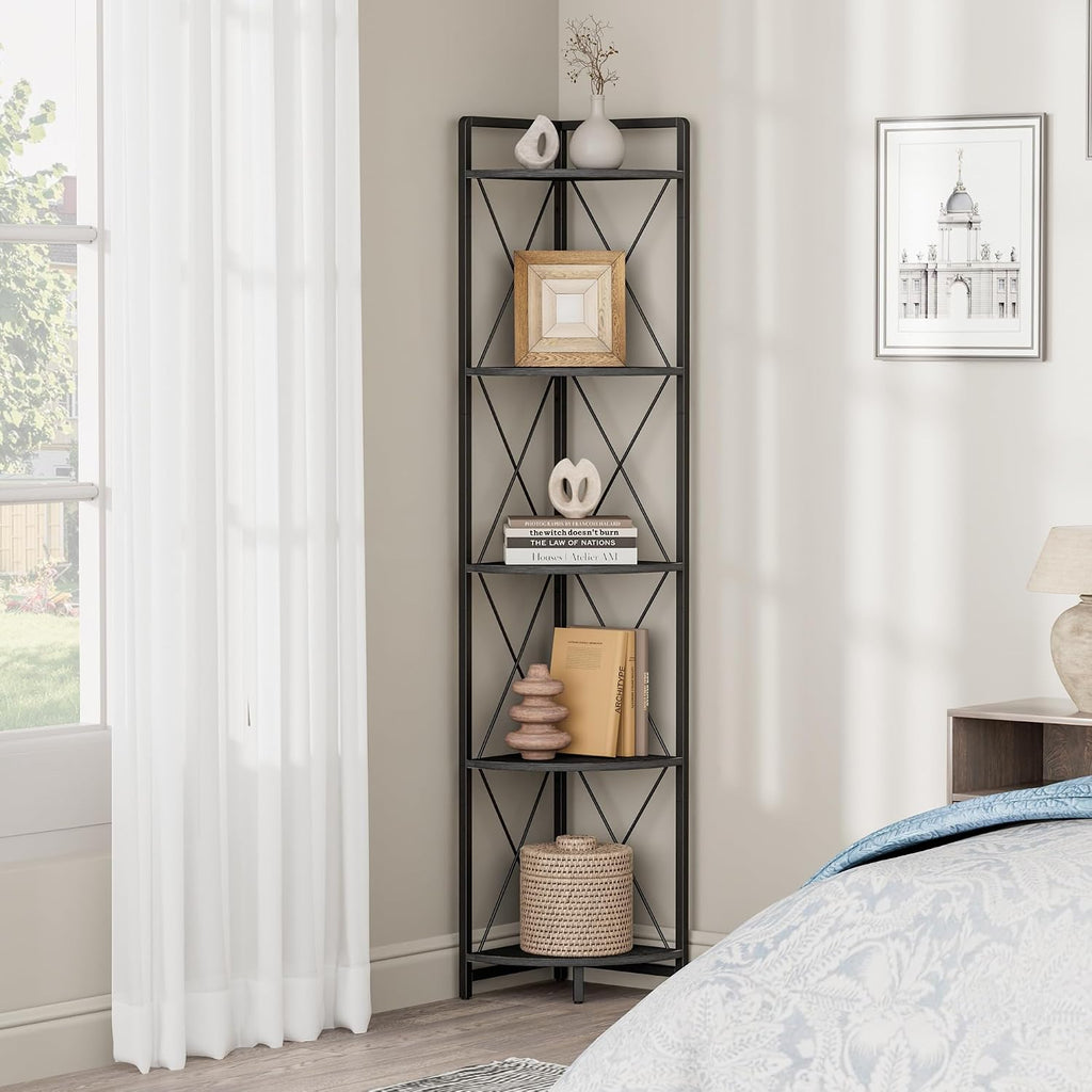 5 Tier Corner Shelf Stand, 64" H Tall Corner Bookshelf, Black