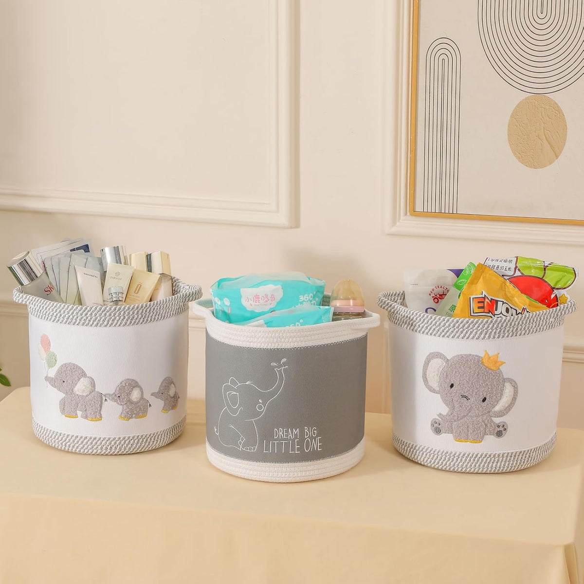 3-Piece Woven Baby Toy Blanket Storage Baskets Laundry Hampers, Elephant Design Foldable Nursery Organizer for Toys Clothes Stuffed Animals, Roomy Sturdy Hamper for Baby Gift Nursery Decor Basket
