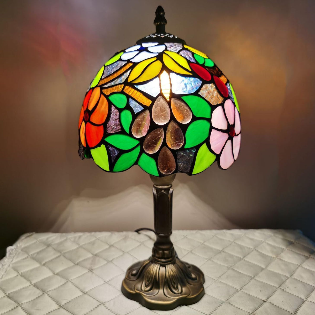 Tiffany Small Table Lamp 3-Way Color Temperatures Grape Rose Flower Stained Glass Lamps for Living Room Bedroom Bedside Nightstand Home Office Desk Night Light+LED Bulb 8X8X15Inch