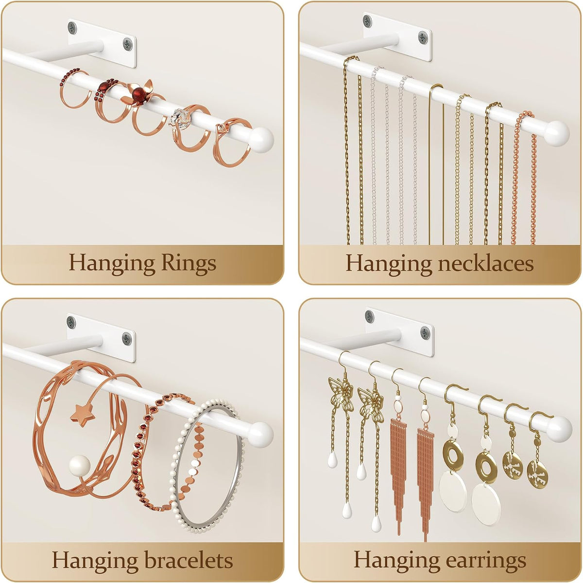 Wall Hanging Jewelry Organizer 12.6", Screw Included, White 2-Pack