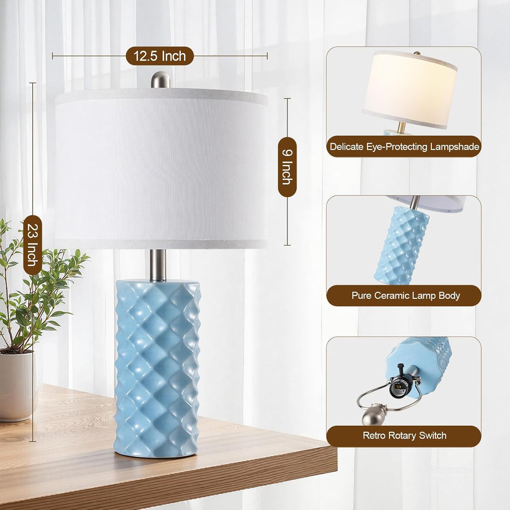 Star Diamond Ceramic Table Lamps Set of 2 - Sky Blue Nightstand Lamps 23"