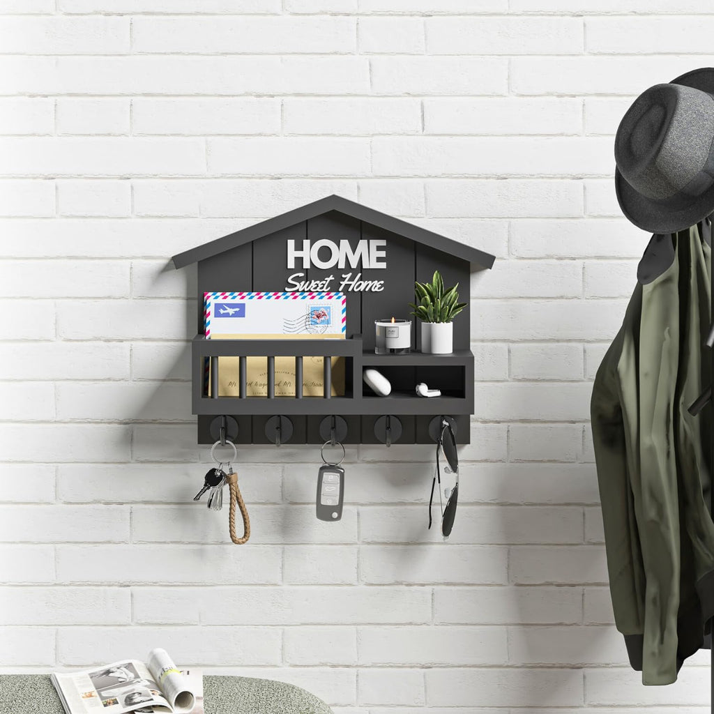 Key and Mail Holder for Wall, Wall Key Holder with Shelf, Home Key Holder for Wall, Wood Black Key Holder Wall Mount, Mail Organizer Wall Mounted, Entryway & Front Door Key Holder with 5 Hooks