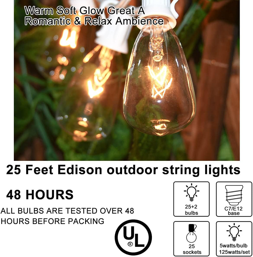 Abeja 25Ft Outdoor Patio String Lights ST35 with 27 Edison ST35 Clear Bulbs, UL Listed for Patio Garden Backyard Porches Bistro Decor Indoor Outdoor, White
