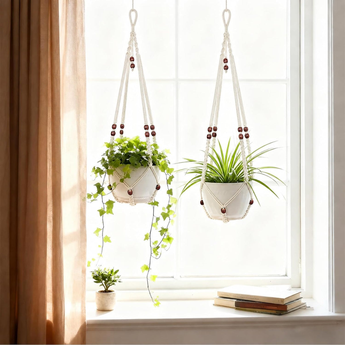 Macrame Plant Hanger Indoor 35 Inch Hanging Basket Ivory 2Pack