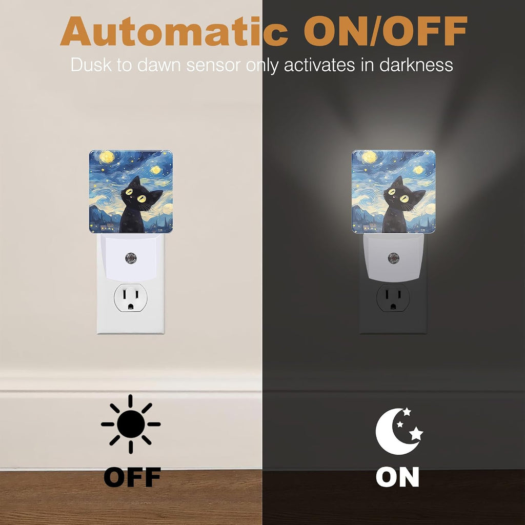 Night Lights Plug into Wall, Starry Night Black Cat Night Light with Dusk to Dawn Smart Sensor for Bedroom Bathroom Hallway Kitchen, Led Nightlights for Boys Girls Women Men