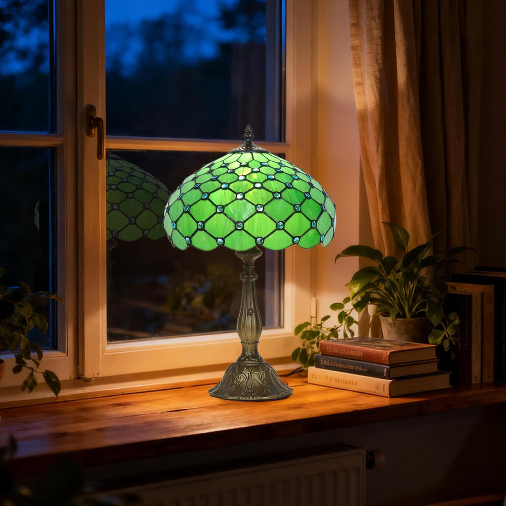 Stained Glass Table Lamp, Green Pearl Style, 12X12X19 Inch