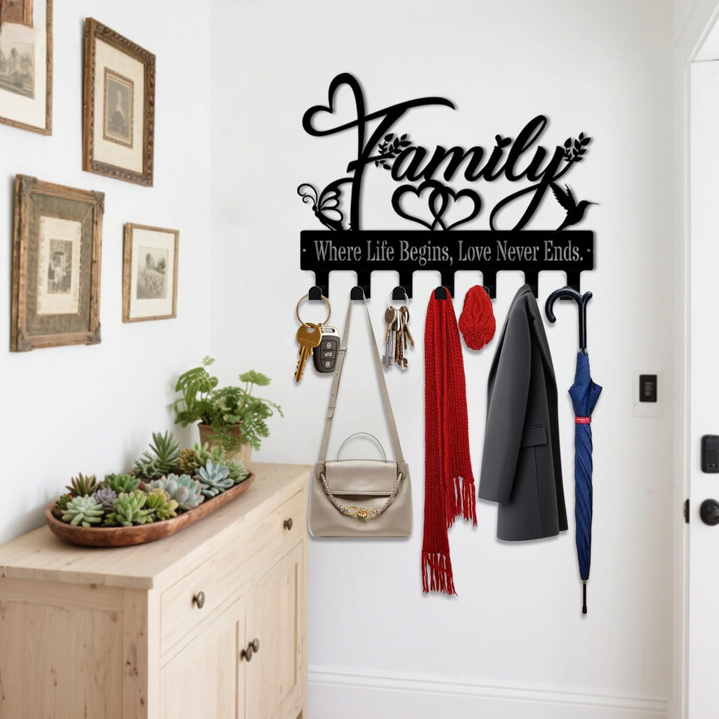Key Holder Wall Mount, Family Where Life Begins, Love Never Ends Sign, Key Holder Wall for Wall Decorative with 6 Hooks, Organizer Rack Hanger for Entryway, Front Door, Hallway, Office 9.8 inches