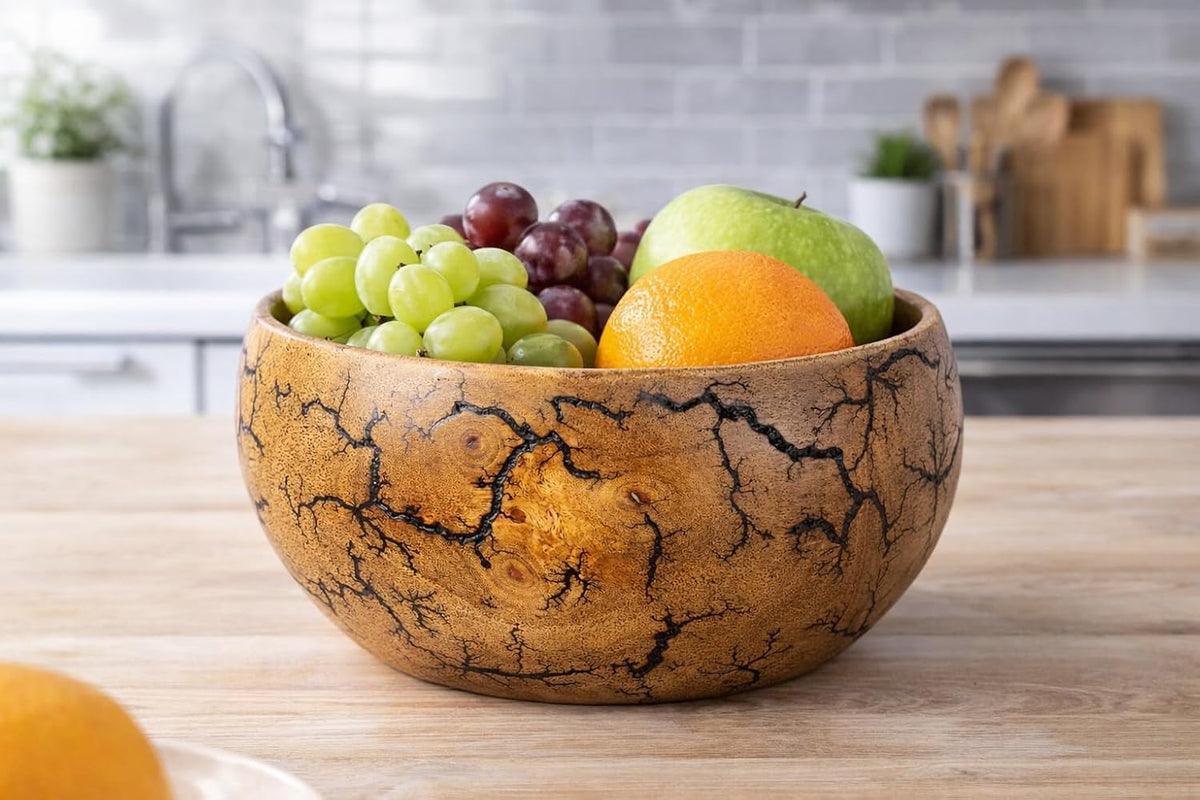 Handcrafted Wooden Decorative Bowl with Natural Grain & Artistic Burn Pattern – Rustic Wooden Serving Bowl for Home Decor, Fruit, Salad & Centerpiece Display (Premium Finish)