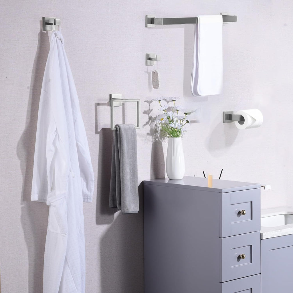 Bathroom Hardware Set Brushed Nickel,16 inch 5-Piece Towel Bar Wall Mount Modern Bathroom Accessories Include Towel Rack,Toilet Paper Holder,2*Robe Hook