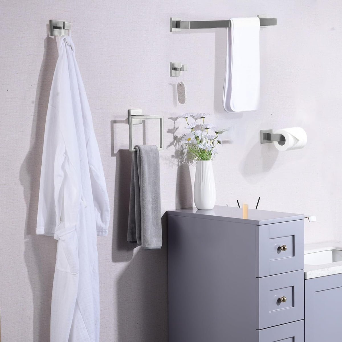 Bathroom Hardware Set Brushed Nickel,16 inch 5-Piece Towel Bar Wall Mount Modern Bathroom Accessories Include Towel Rack,Toilet Paper Holder,2*Robe Hook