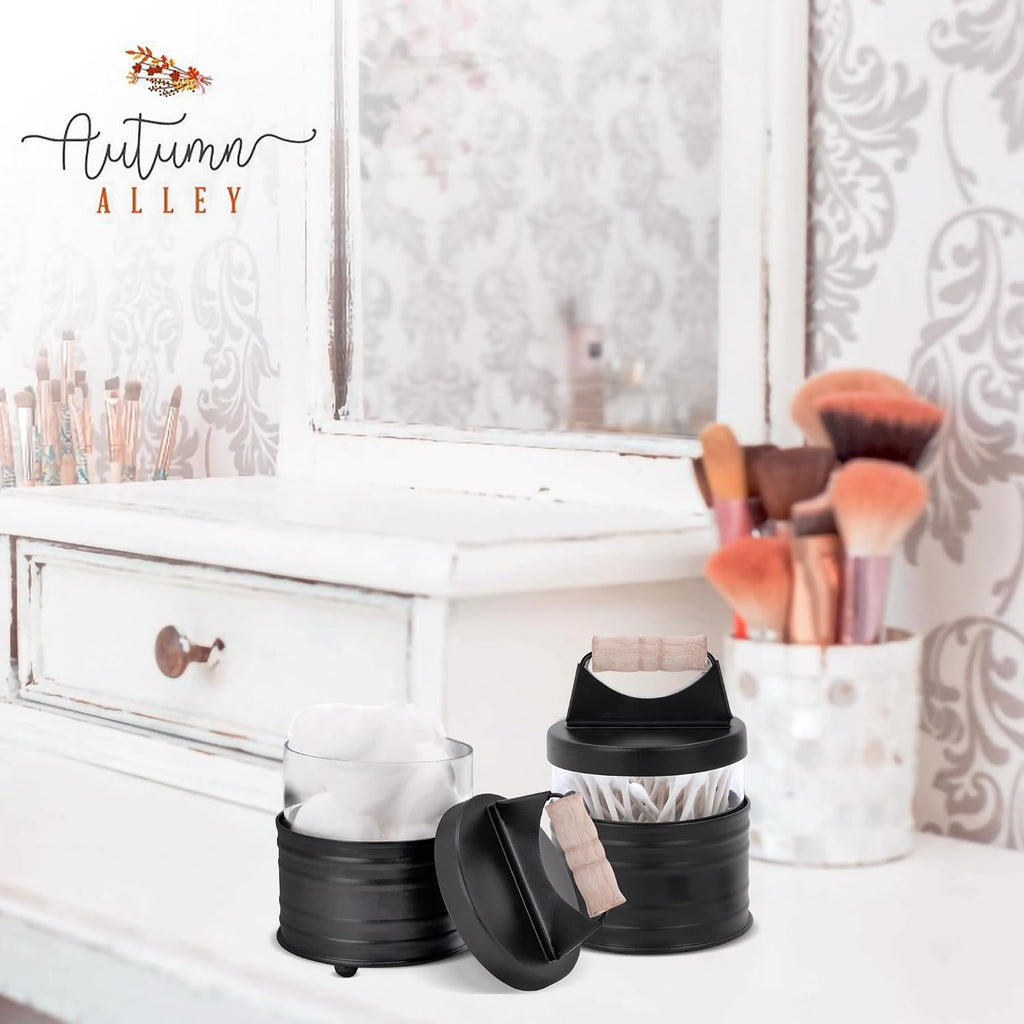 Autumn Alley Deluxe Farmhouse Apothecary Jars Set, Black Bathroom Jars Qtip Holder Glass - Rustic Vanity Organizer for Bathroom Counter, Cotton Balls, Swabs, Rounds, Salts 2-Small Glass with Lids