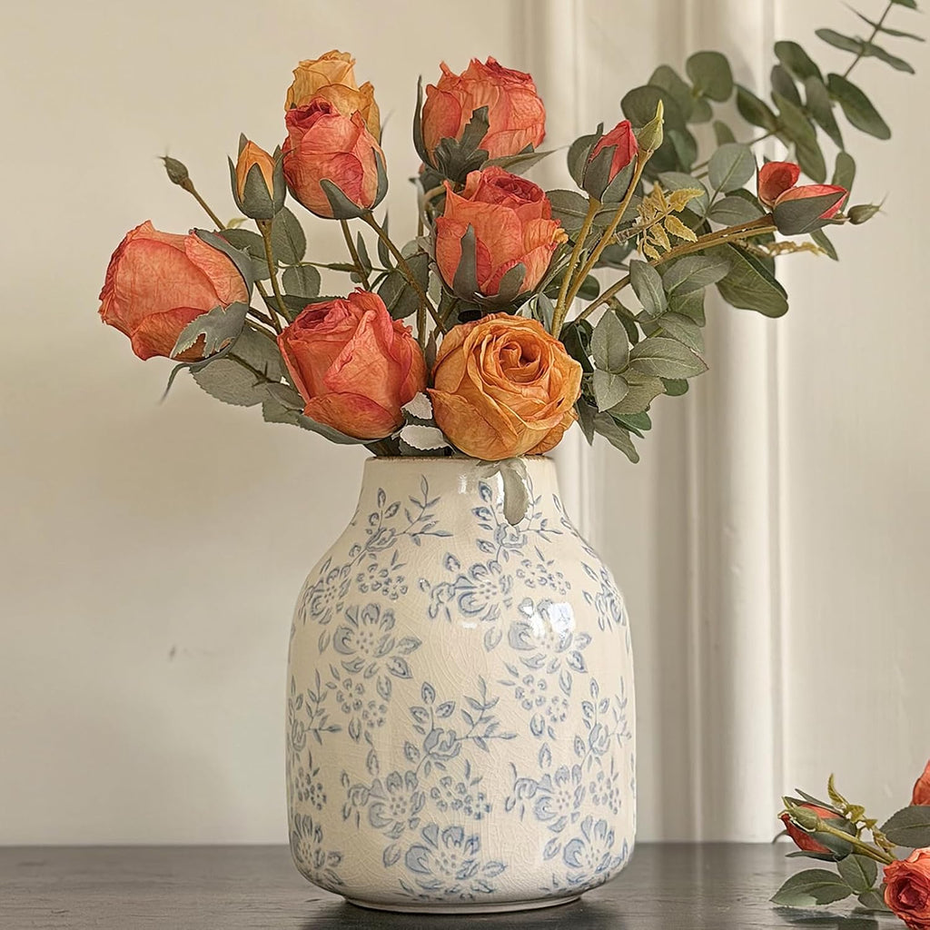 Blue and White Chinoiserie Ceramic Vase Vintage Flower Vase, 7.9in