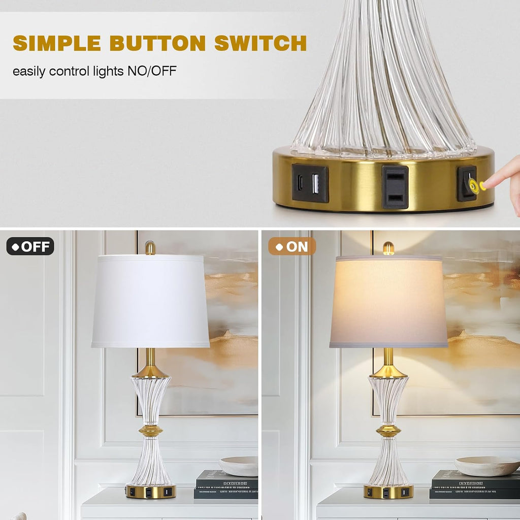 Rinweey Crystal Glass Table Lamp with USB C+A Ports & AC Outlet,Modern Bedroom Lamps,Gold Lamp for Night Stands Bedroom Living Room,Nightstand Lamp LED Bulbs Included,Single Gold