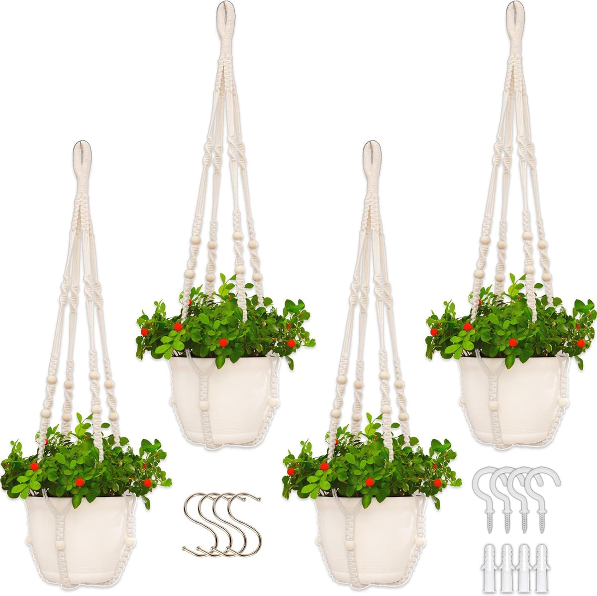 4 Pack Macrame Plant Hangers Indoor Set Large Crochet Hanging Holder, White