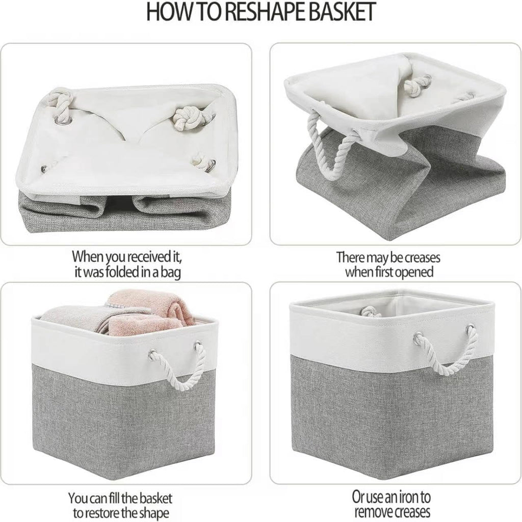 11x11 Inch Cube Storage Bins, 6 Pack Collapsible Fabric Storage Cubes with Rope Handles, Waterproof Foldable Storage Baskets for Cube Shelves, Closet, Clothes, Toys, Books, White & Gray