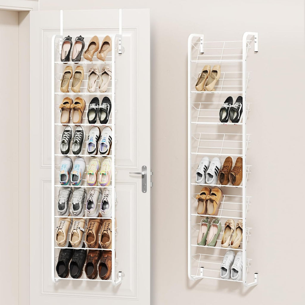 SWTYMIKI Over the Door Shoe Organizer - 8 Tier Wall Mount Shoe Rack for Door Storage- Heavy Duty Metal Hanging Shoes Shelf for Flats, Heels, Sneakers, Boots White