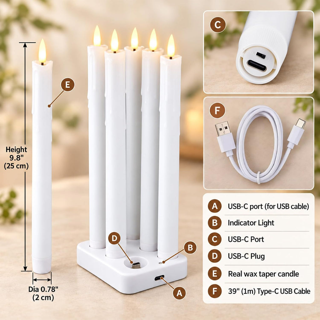 Fanna 6-Pack Rechargeable Led Taper Candles with Charging Panel, H 9.8"