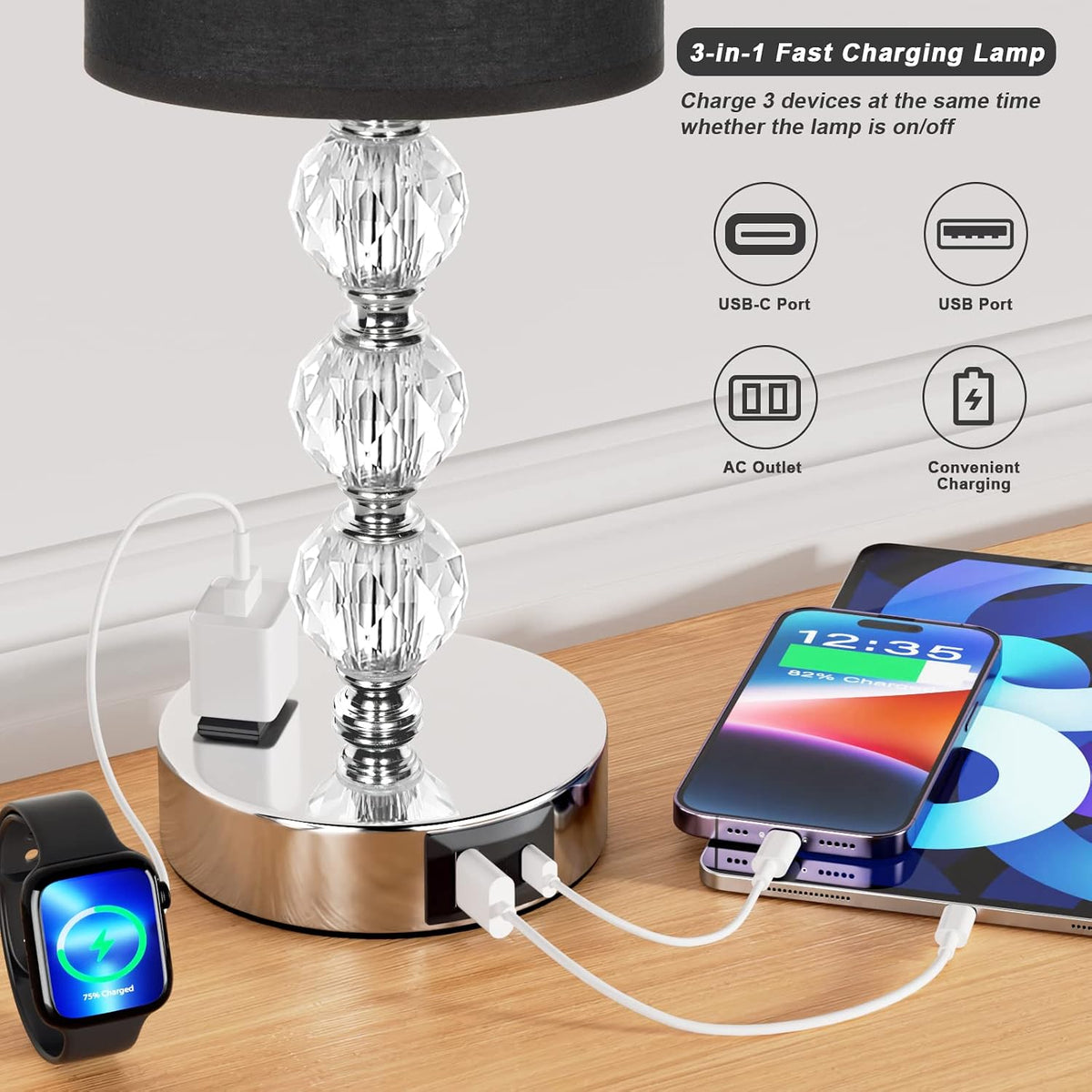 Black Touch Bedside Lamps for Bedrooms - Crystal Table Lamp with USB C+A Charging Port and AC Outlet Nightstand, 3 Way Dimmable Silver Small End Side Table Lamp for Living/Guest/Dinning Room/Kitchen