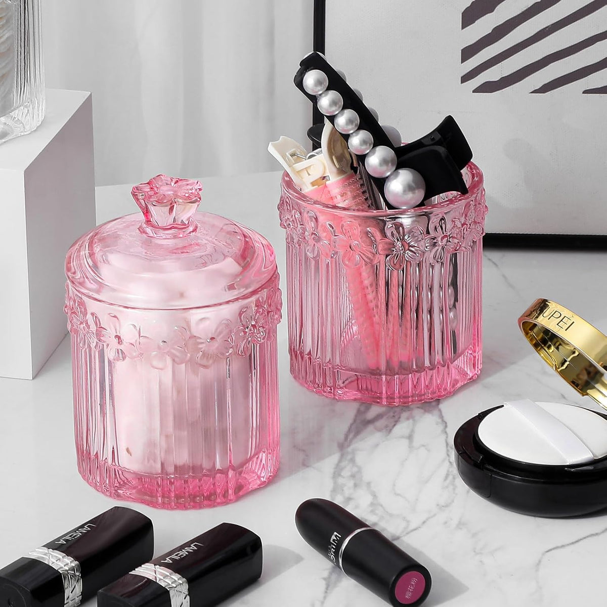 rejomiik 2 Pack Qtip Holder Glass Apothecary Jars with Lids, Pink